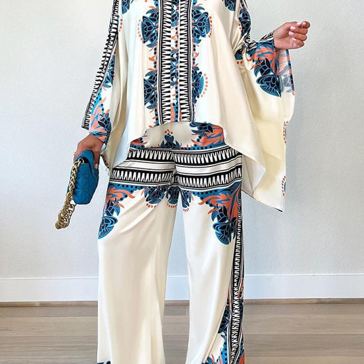 Printed Lapel Blouse Pants Sets Women 2024 Autumn Long Bat Sleeve Shirt Tops Loose Wide Leg Pant 2 Piece Set Female Casual Suit