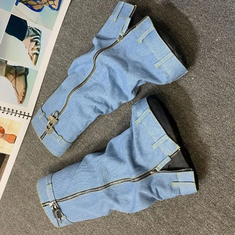 2023 Winter New Style Women's Knee-high Boots Round Toe Platform Wedges Denim Female Shoes Fashion Metal Decoration Boots Woman