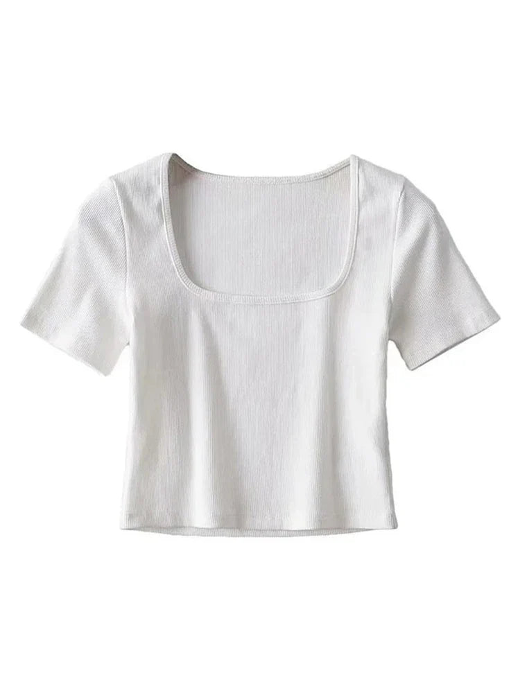 Women Square Neck Rib Crop T-shirt Short Sleeve Crop Top WHITE