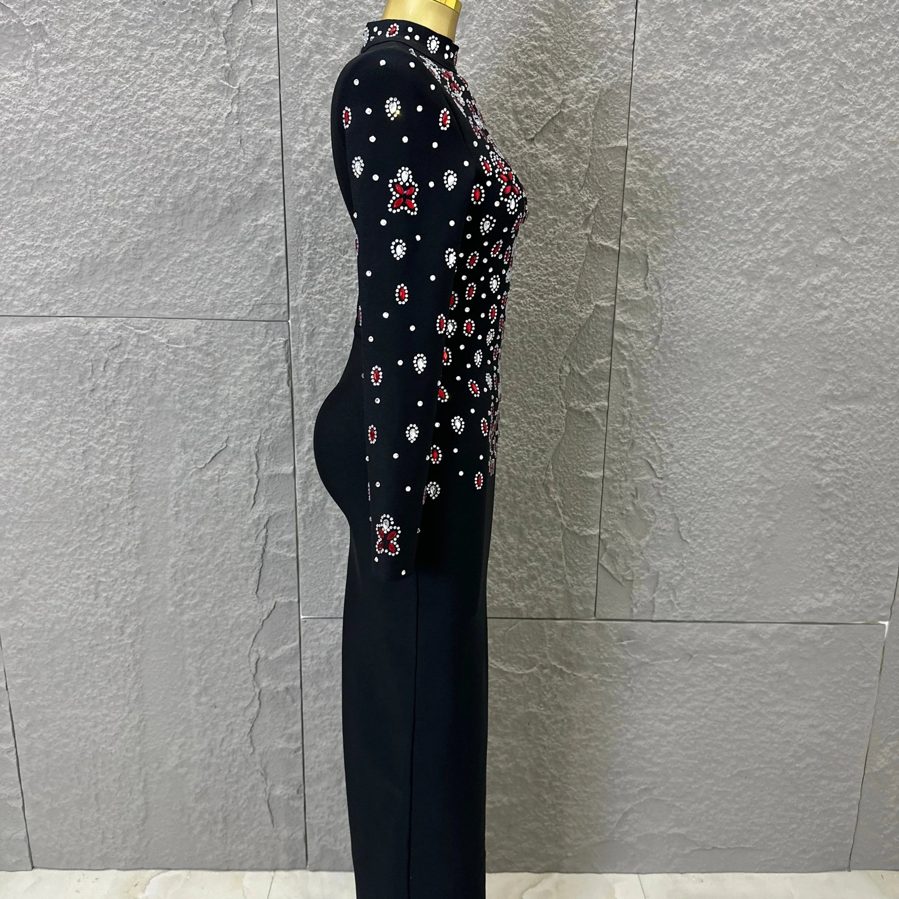 Women Sexy Long Sleeve Crysta  Red Rhinestone Embellished Bodycon Outfit Formal Event Party Elegant Black High Neck Maxi Dress
