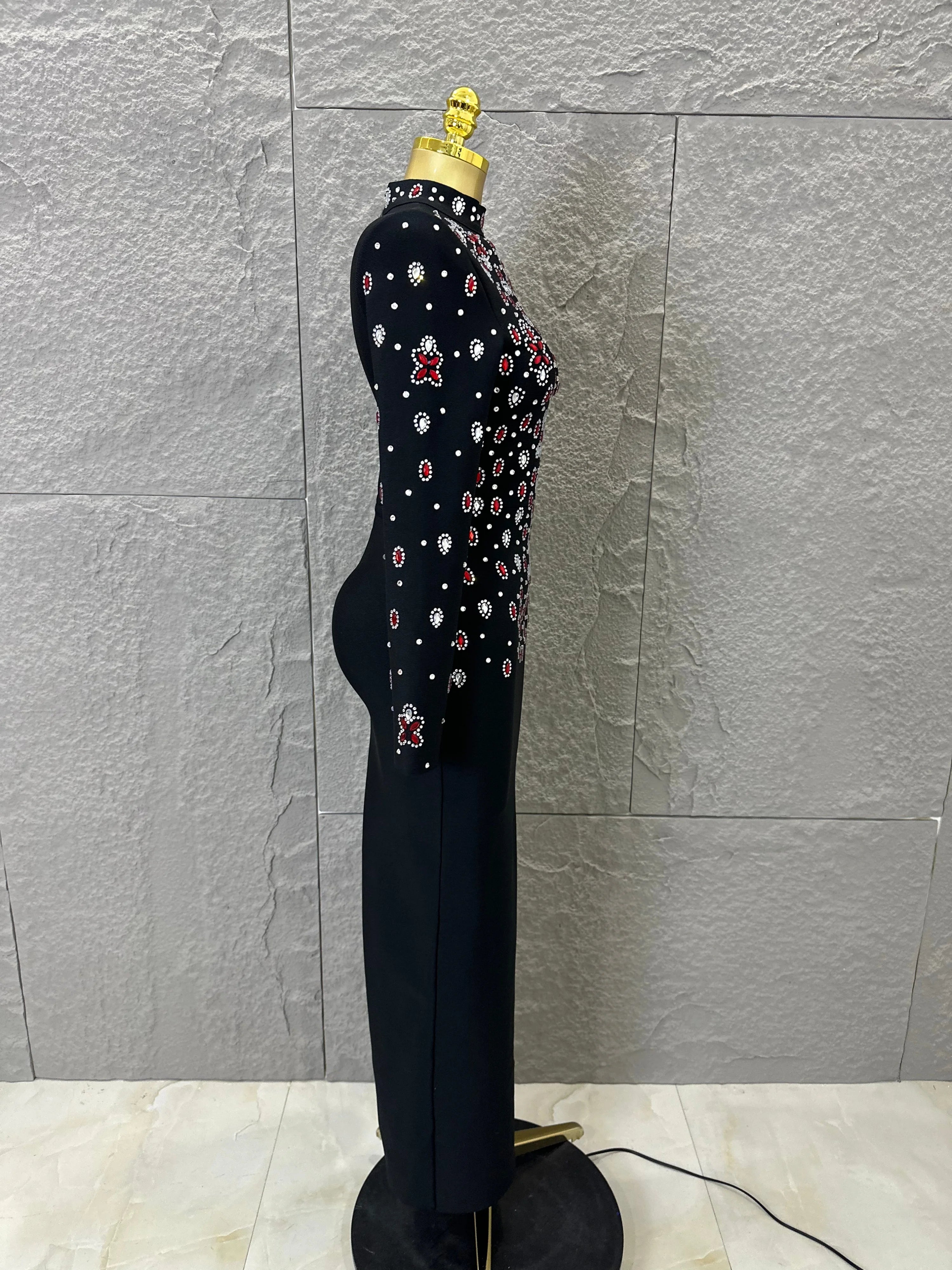 Women Sexy Long Sleeve Crysta  Red Rhinestone Embellished Bodycon Outfit Formal Event Party Elegant Black High Neck Maxi Dress