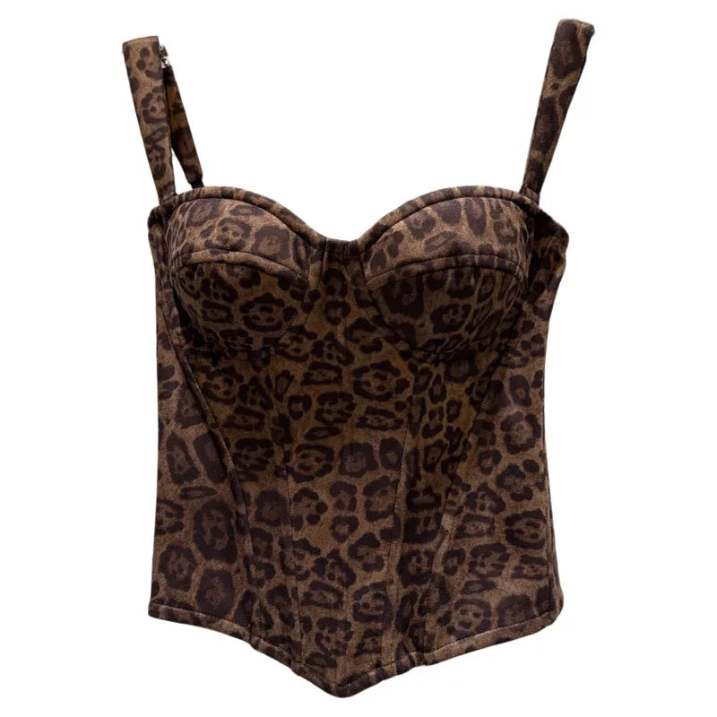 Winter New Fashion Suede Leopard Print Fishbone Waist Cinching Chest Pad Camisole For Women Tank Tops Female 11A07581