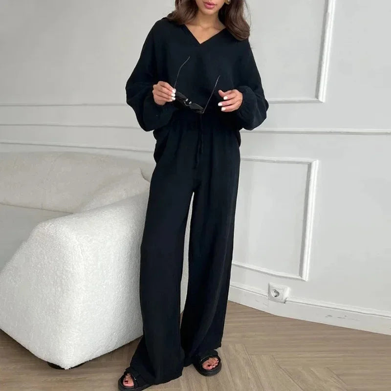 2024 Summer Fashion New Plus Size Women's Wear Set with Polo Collar Cotton Hemp Pants Elegant Solid Color Two Piece Set black