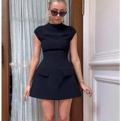 Sexy Solid Strapless Mini Dress For Women Elegant Slim Backless Pockets A-line Dresses Female Chic High Street Vestido Robe BLACK 2