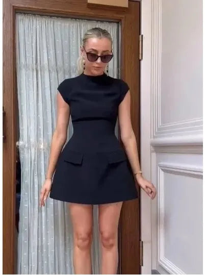 Sexy Solid Strapless Mini Dress For Women Elegant Slim Backless Pockets A-line Dresses Female Chic High Street Vestido Robe BLACK 2