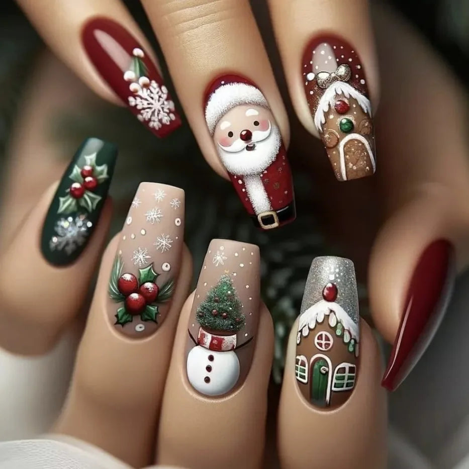 2025 Merry Chrismas Press on Nails Cute Snowman Elk Santa Claus Print Fake Nail Tips Wearable Long Coffin False Nails for Girls