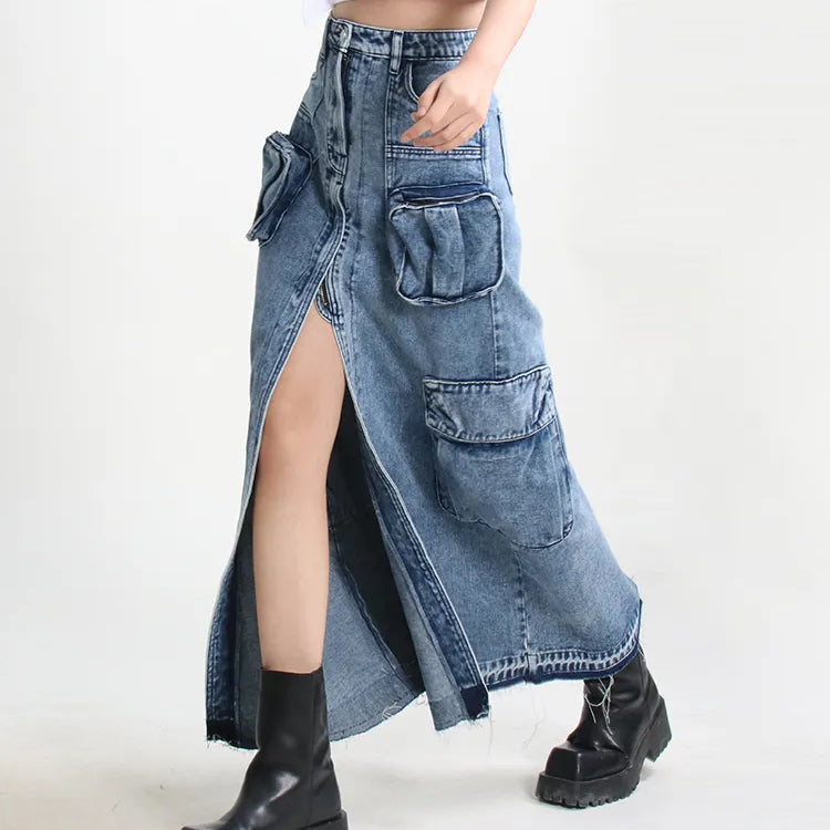 Split Denim Skirts For Women High Waist Patchwork Pocket Temperament Solid Skirt Female Autumn Fashion Style New
