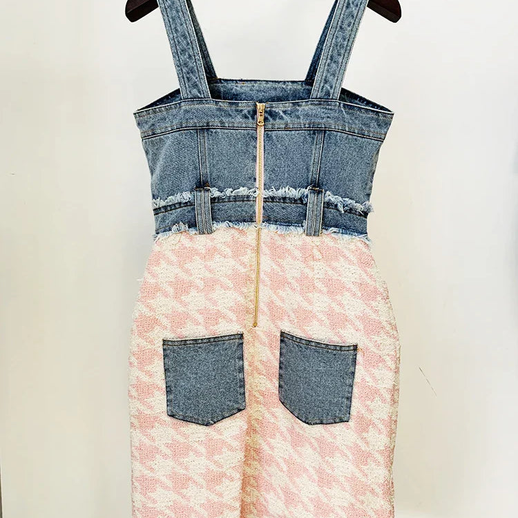 Newest Designer Fashion Women Spaghetti Strap Denim Tweed Houndstooth Pachwork Fringed Dress