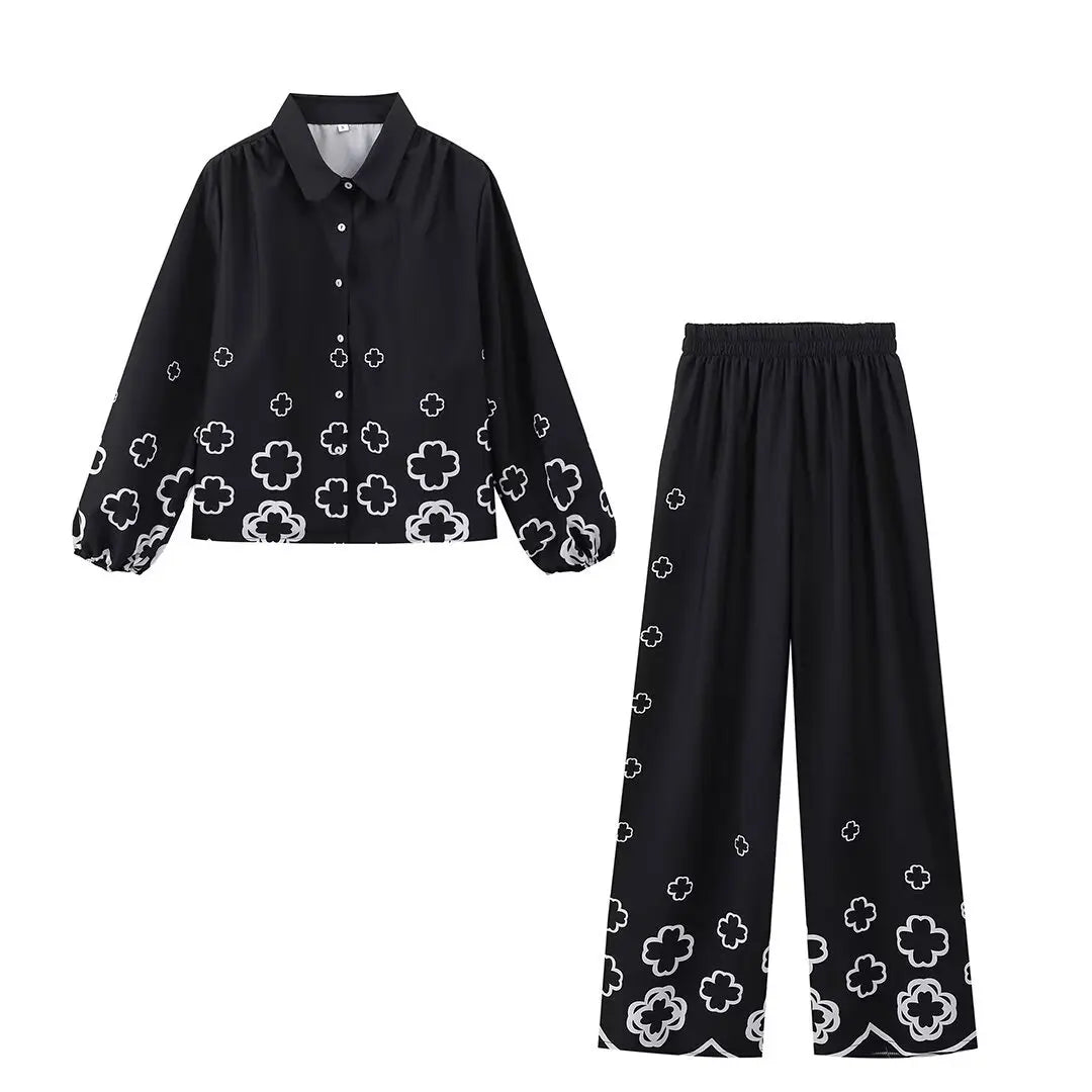 Spring Autumn Fashion Women Flower Hollow Out embroidery Pants Set Retro Lapel Long Lantern Sleeve Shirt Suit Streetwear Black Print