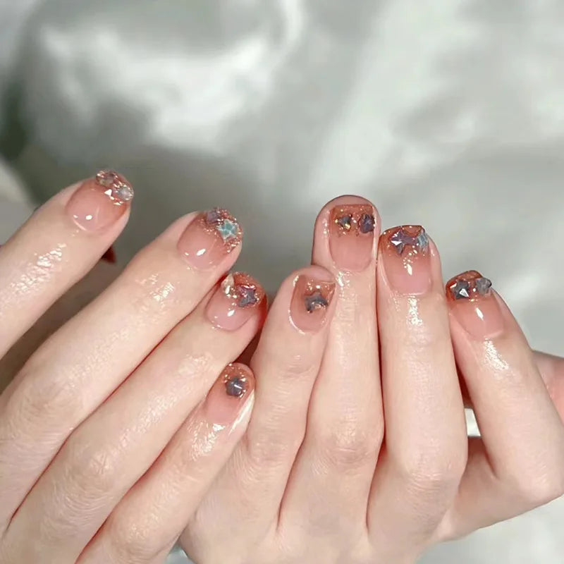 24Pcs Dark Black Stars Cat's Eye Press on Nails Set Summer Cute Wearing Short Fake Nail Patch Detachable Finished Nail Tips Art 3