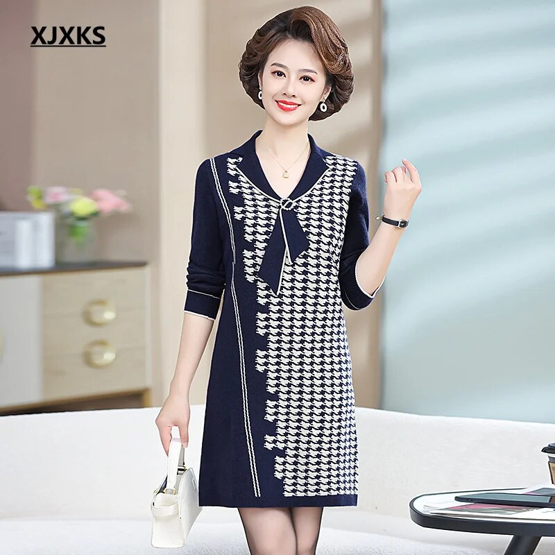 Temperament Lapel Women's Long Sweater 2024 Autumn And Winter New Comfortable Wool Knit Dress Ladies Pullover