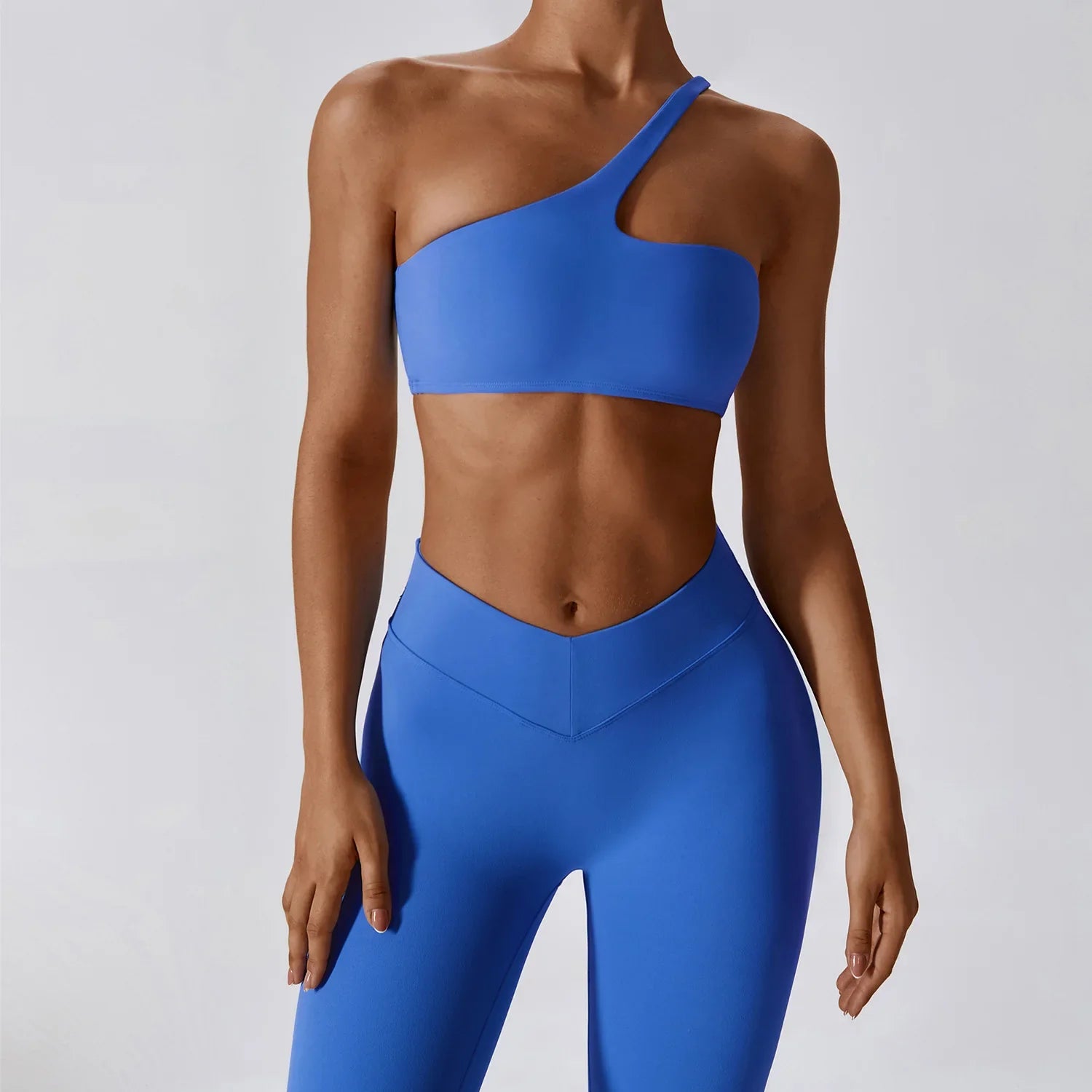 2 Piece Yoga Suit Women's Gym Fitness Push-up Clothes High Waist Leggings One Shoulder Sports Bra Workout Set Fitness Sportswear Cobalt blue
