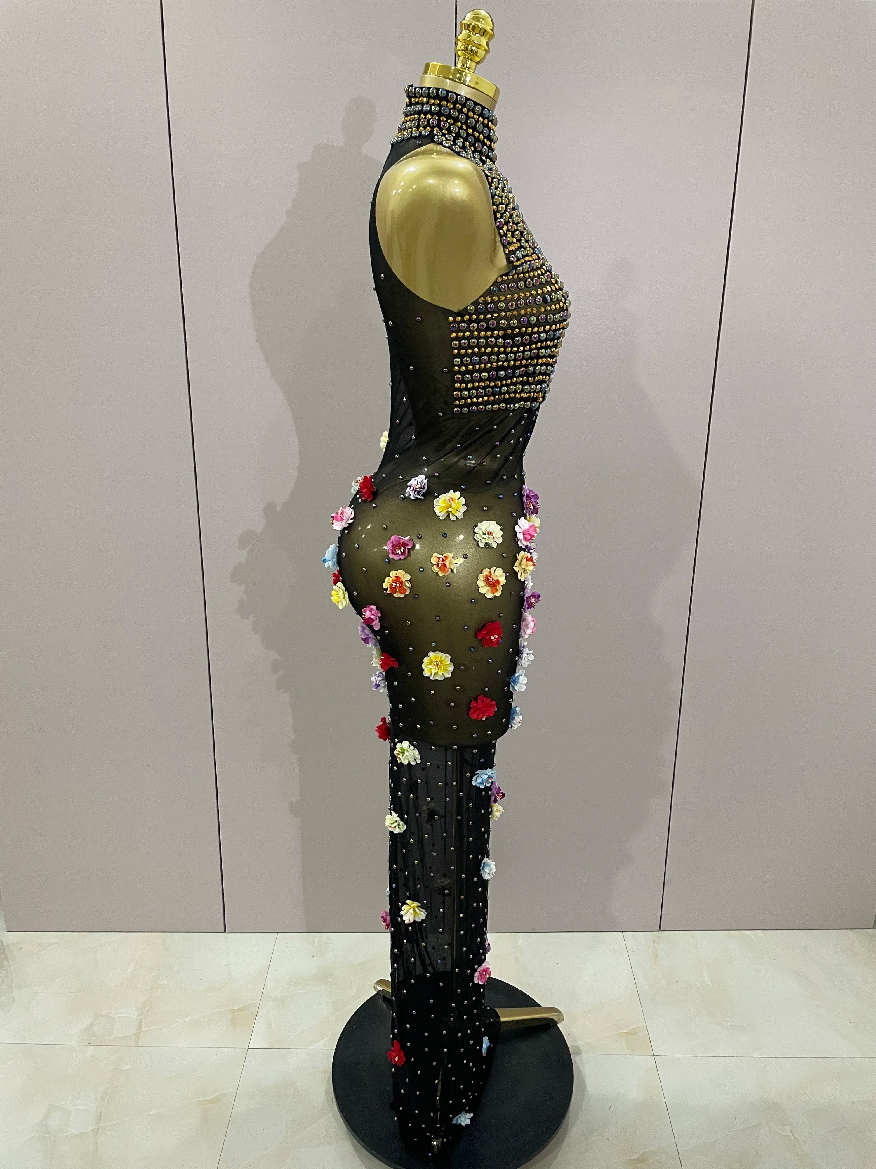 Sparkly Rhinestones Flowers Sexy See Through Long Dress 2025Women Birthday Celebrate Wedding Evening Prom Dress Photo Shoot Wear