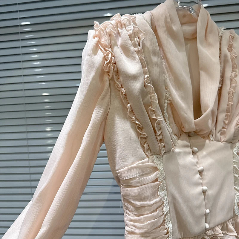 Winter New Sweet Temperament V-neck Heavy Pleated Edge Waist Design Chiffon Blouse For Women Small Shirt 11A07900