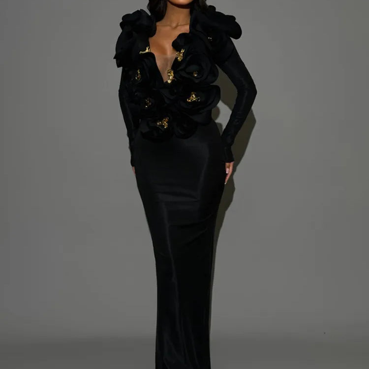 Chic Women Celebrity Sexy Deep V Neck Flower Black Maxi Long Bandage Bodycon Dress 2025 Elegant Evening Club Party Outfit