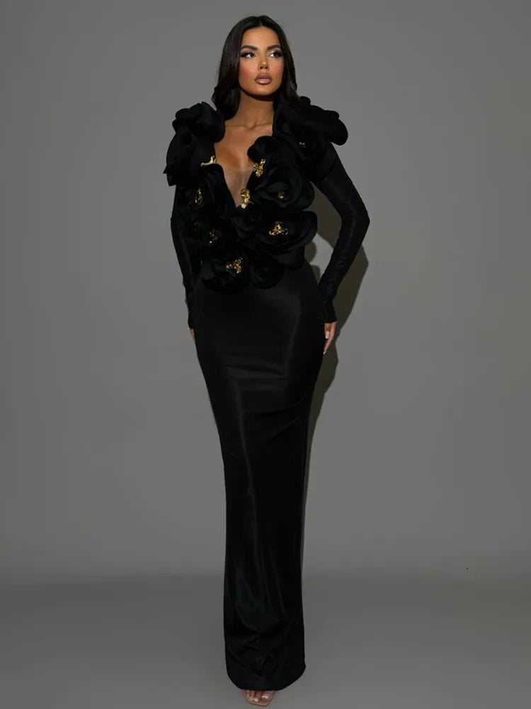 Chic Women Celebrity Sexy Deep V Neck Flower Black Maxi Long Bandage Bodycon Dress 2025 Elegant Evening Club Party Outfit