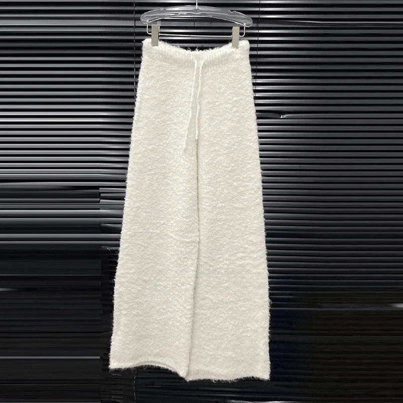 Autumn Winter New Niche Design Lazy Style Fashion Loose Soft Hooded Sweater For Women Elastic Waist Pants 11A07783 only White Trousers