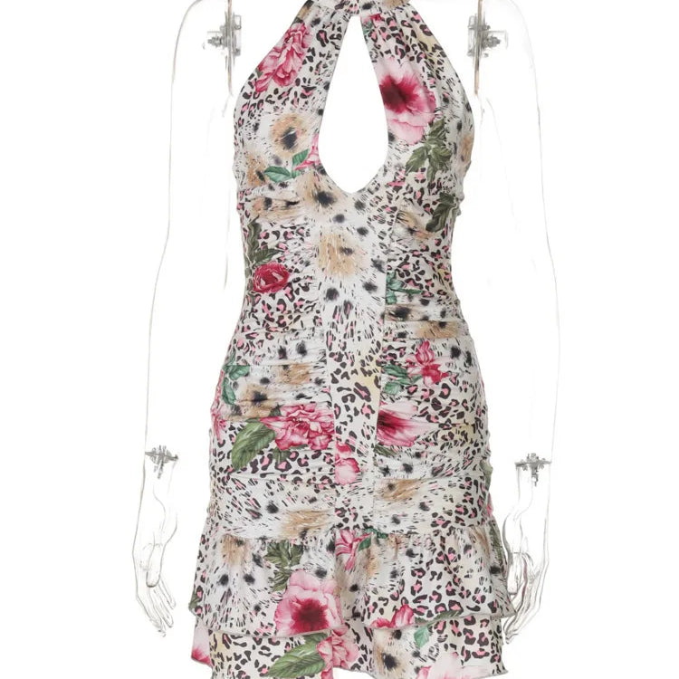 Hollow Out Halter Print Mini Dress For Women Robe Fashion Sleeveless Backless High Waist Ruffled Club Party Dress