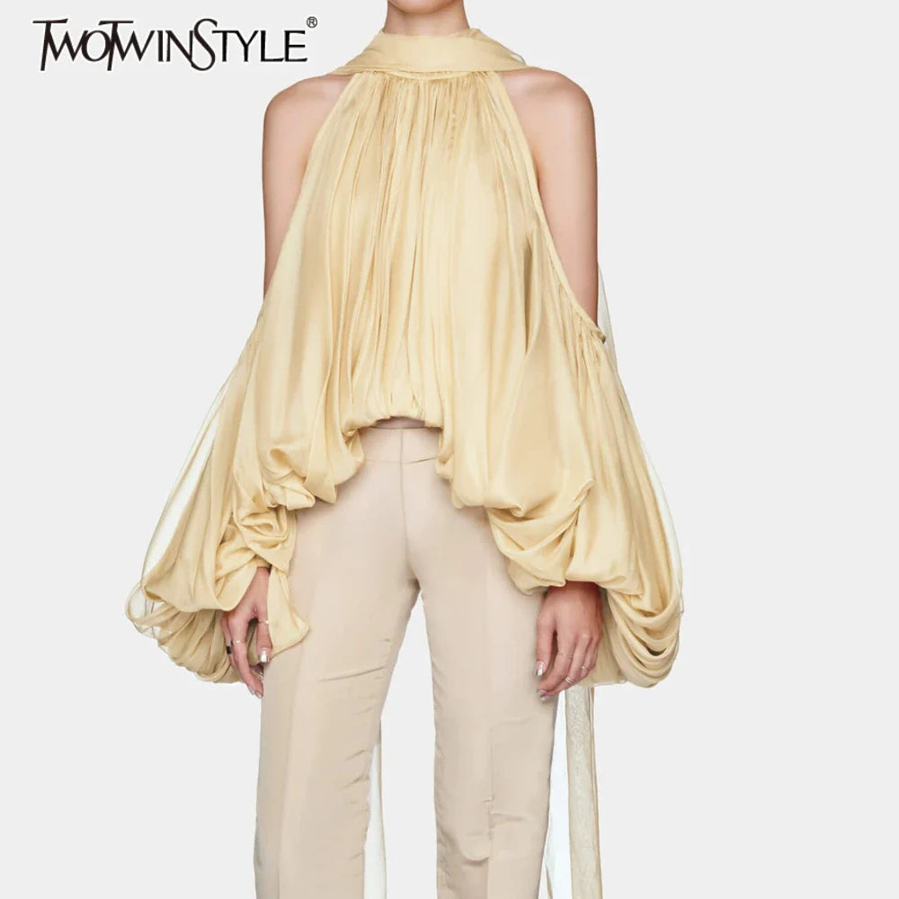 Solid Loose Spliced Folds Mini Blouse for Women Round Neck Long Sleeves Patchwork Hollow Out Elegant Top Female New