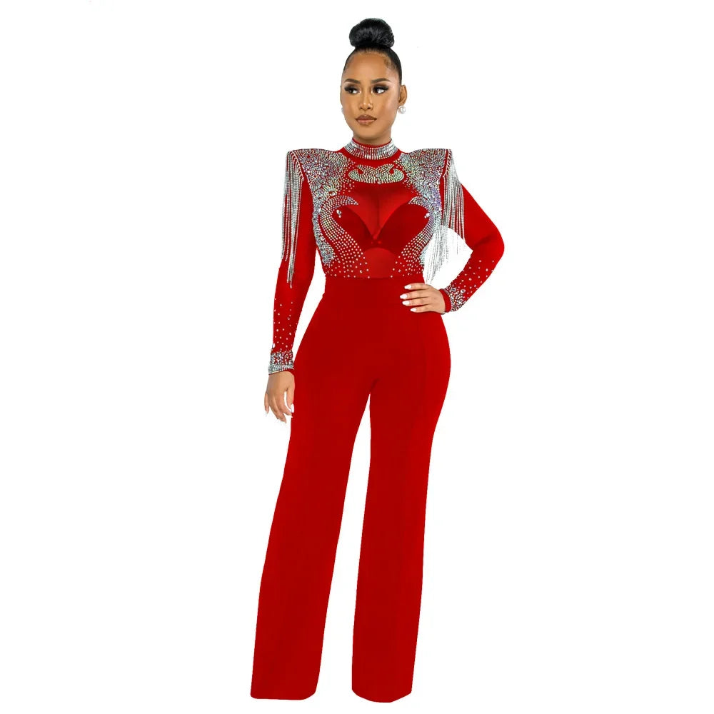 CM.YAYA Women Jumpsuit Solid High Collar Hot Drill Mesh Shoulder Cotton Long Sleeves Long Straight Jumpsuit Sexy Party Outfits red jumpsuit