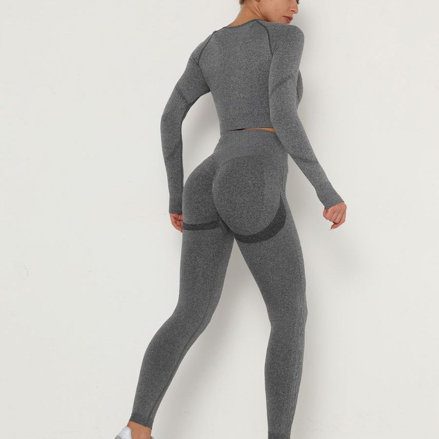 Women's Sets Skinny Tracksuit Breathable Bra Long Sleeve Top Seamless Outfits High Waist Push Up Leggings Gym Clothes Sport Suit New Set Dark Grey