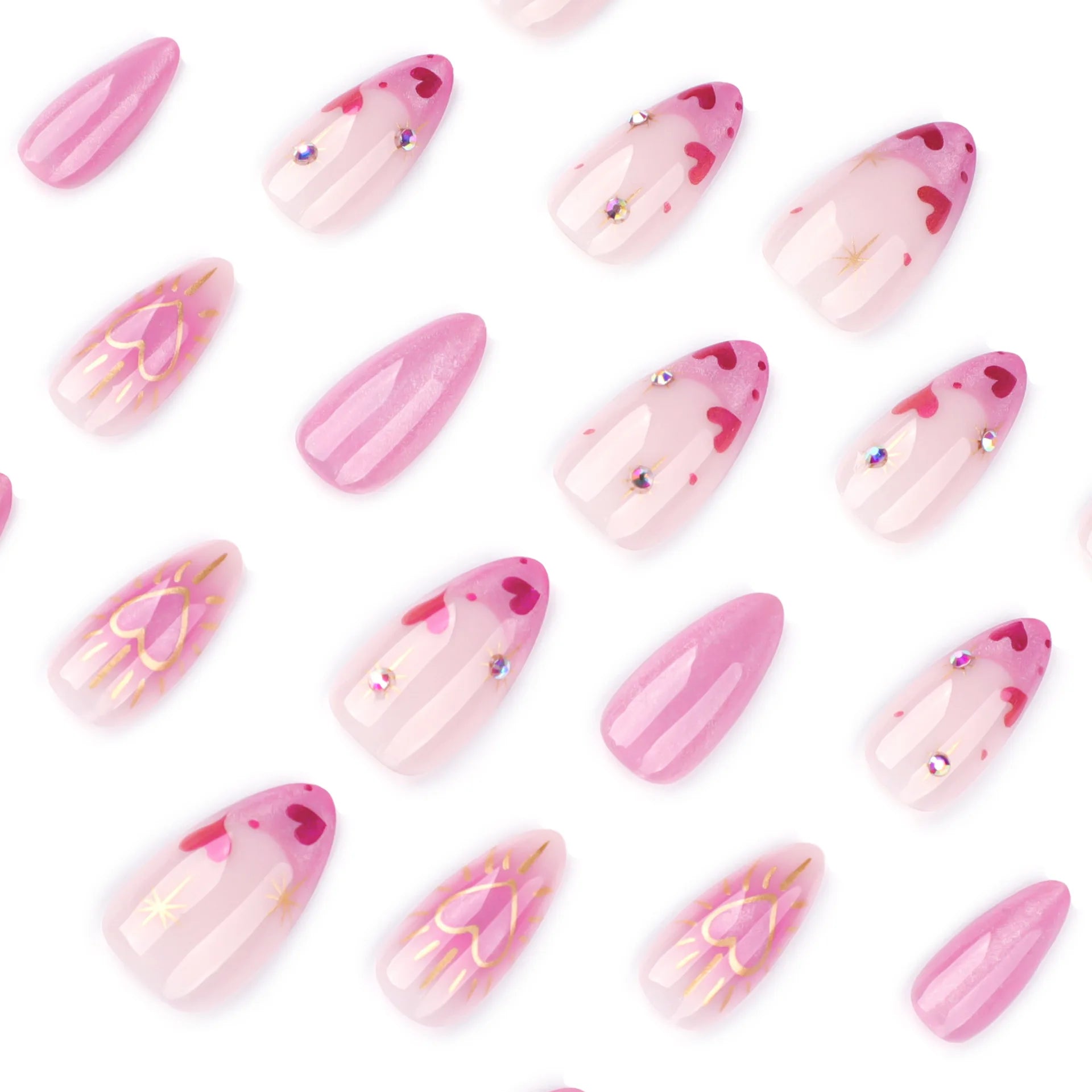 24pcs Cute Love Press on Nails Shiny French Pink Cat Eye Fake Nail Tips Full Cover Wearable Korean Style Almond False Nails