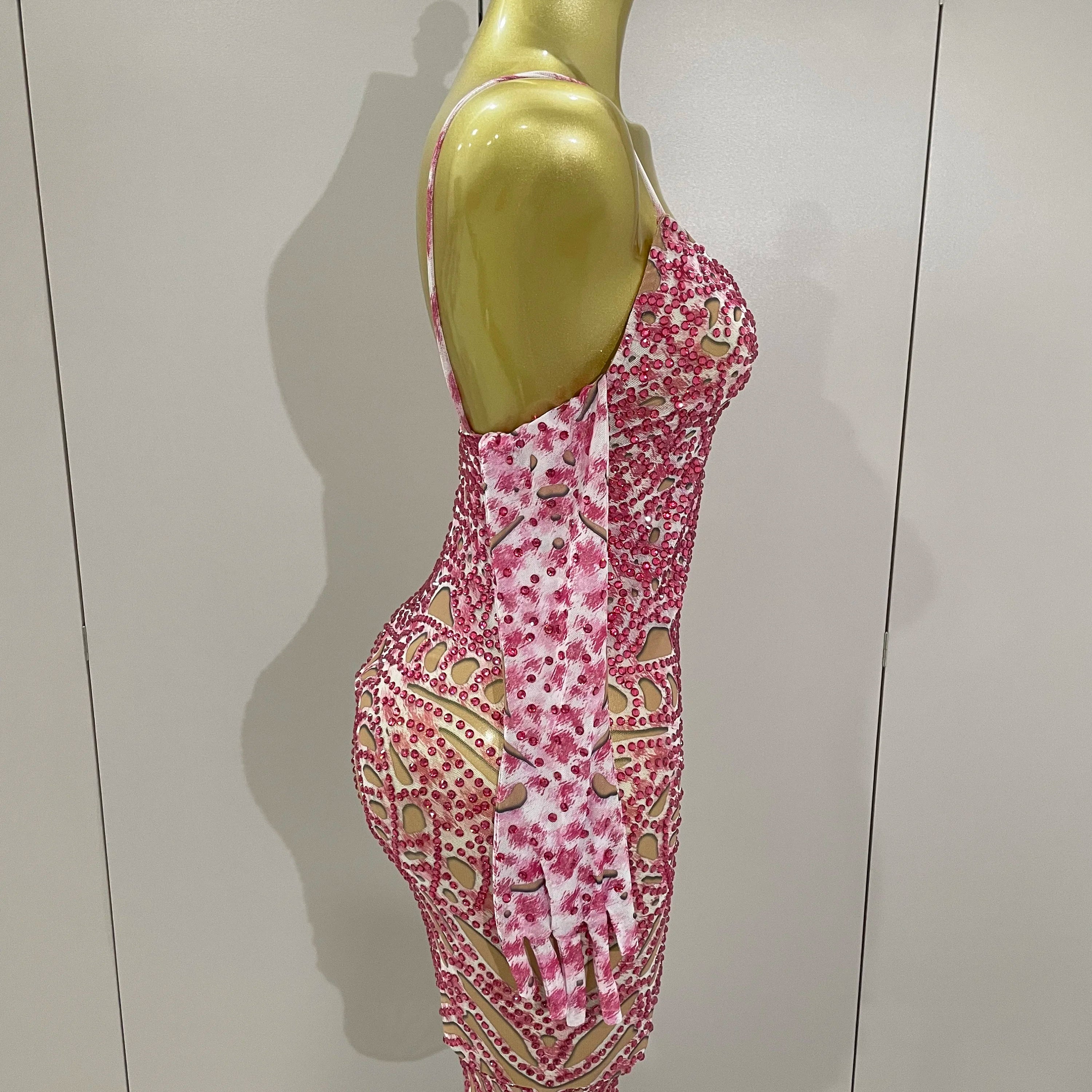 2025 New Sexy Sparkly Rhinestones Mesh Mini Dress With GlovesWomen Evening Birthday Party Celebrate Costume Dancer Stage Wear