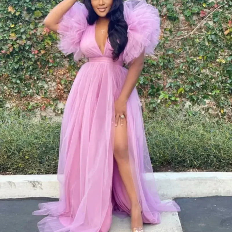 Women Cascading Ruffles Shoulder High Side Split Mesh Patchwork Maxi Long Dress 2023 sexy even Party Vestidos Dresses