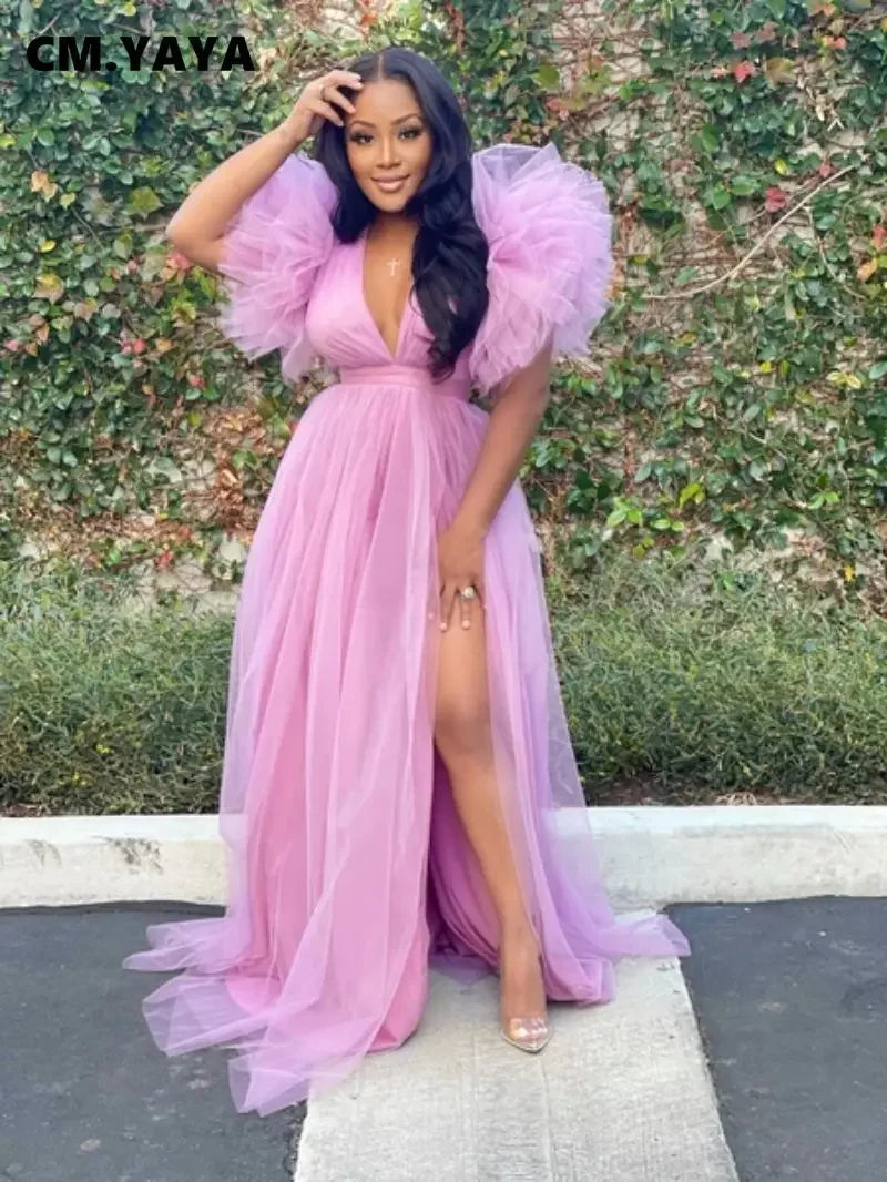 Women Cascading Ruffles Shoulder High Side Split Mesh Patchwork Maxi Long Dress 2023 sexy even Party Vestidos Dresses