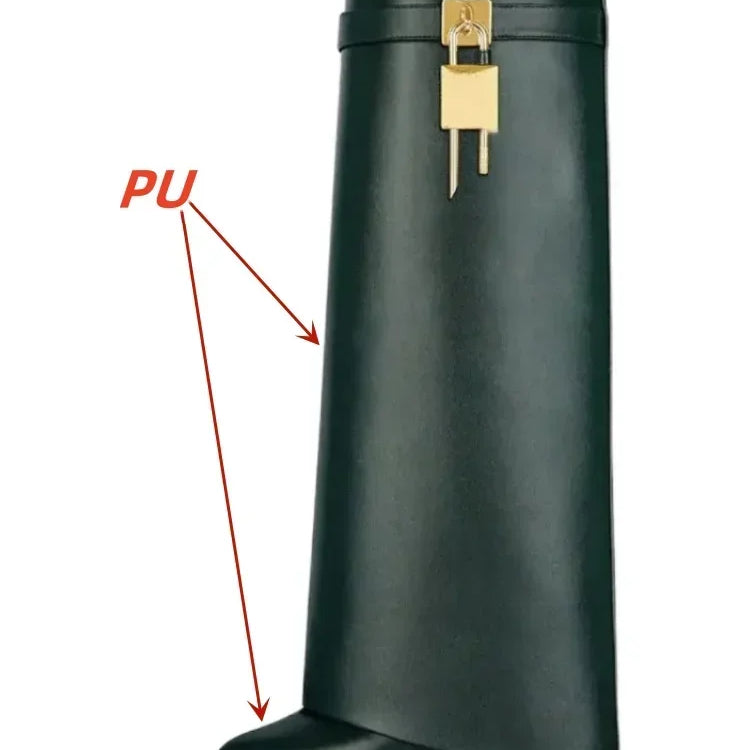 European and American Metal Lock Fasteners for High Tube Skirts, Boot Slopes, Leg Sleeves, Knee Length Boots, Platform Boots green PU