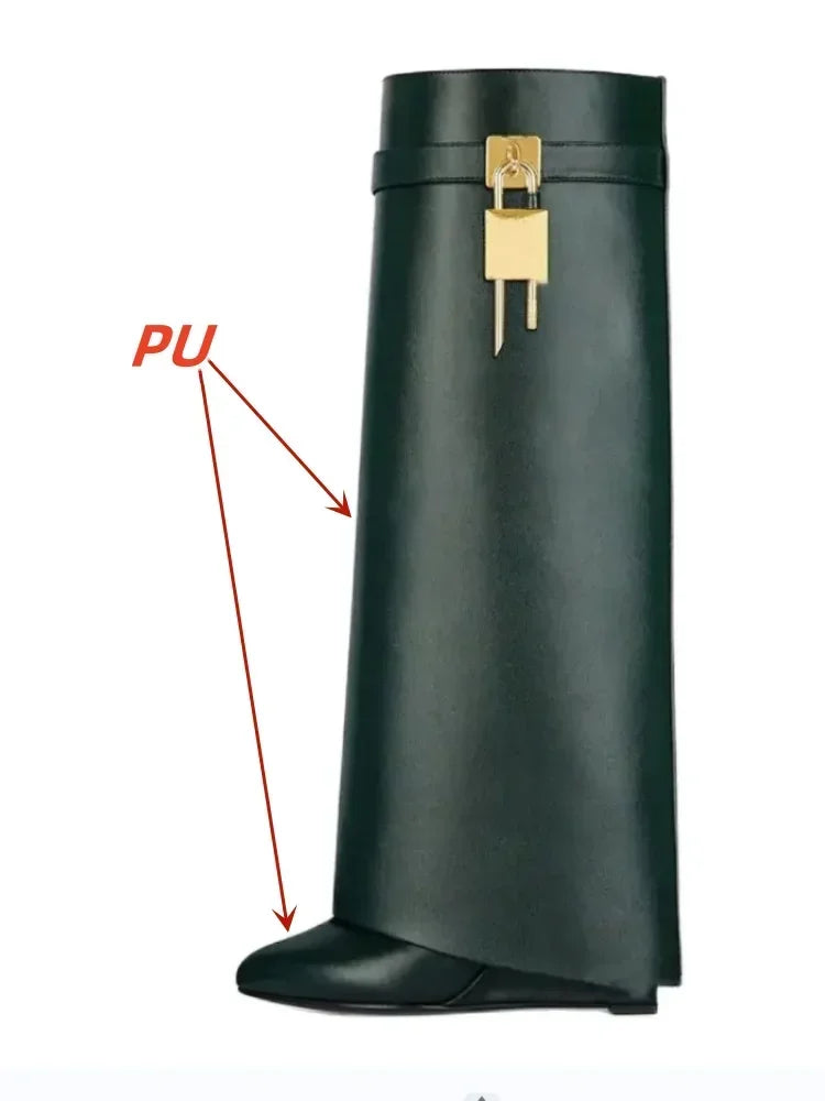 European and American Metal Lock Fasteners for High Tube Skirts, Boot Slopes, Leg Sleeves, Knee Length Boots, Platform Boots green PU