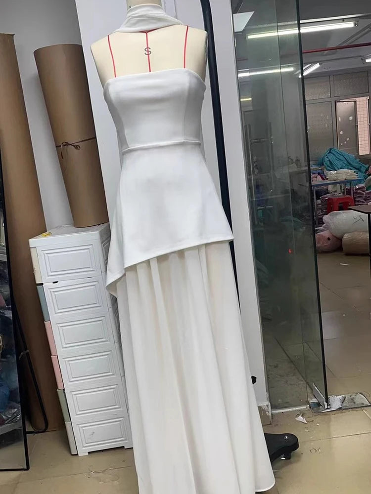 Mozision Elegant Strapless Sexy Maxi Dress For Women Gown With Scarf Off-shoulder Sleeveless Backless Split Beach Long Dress