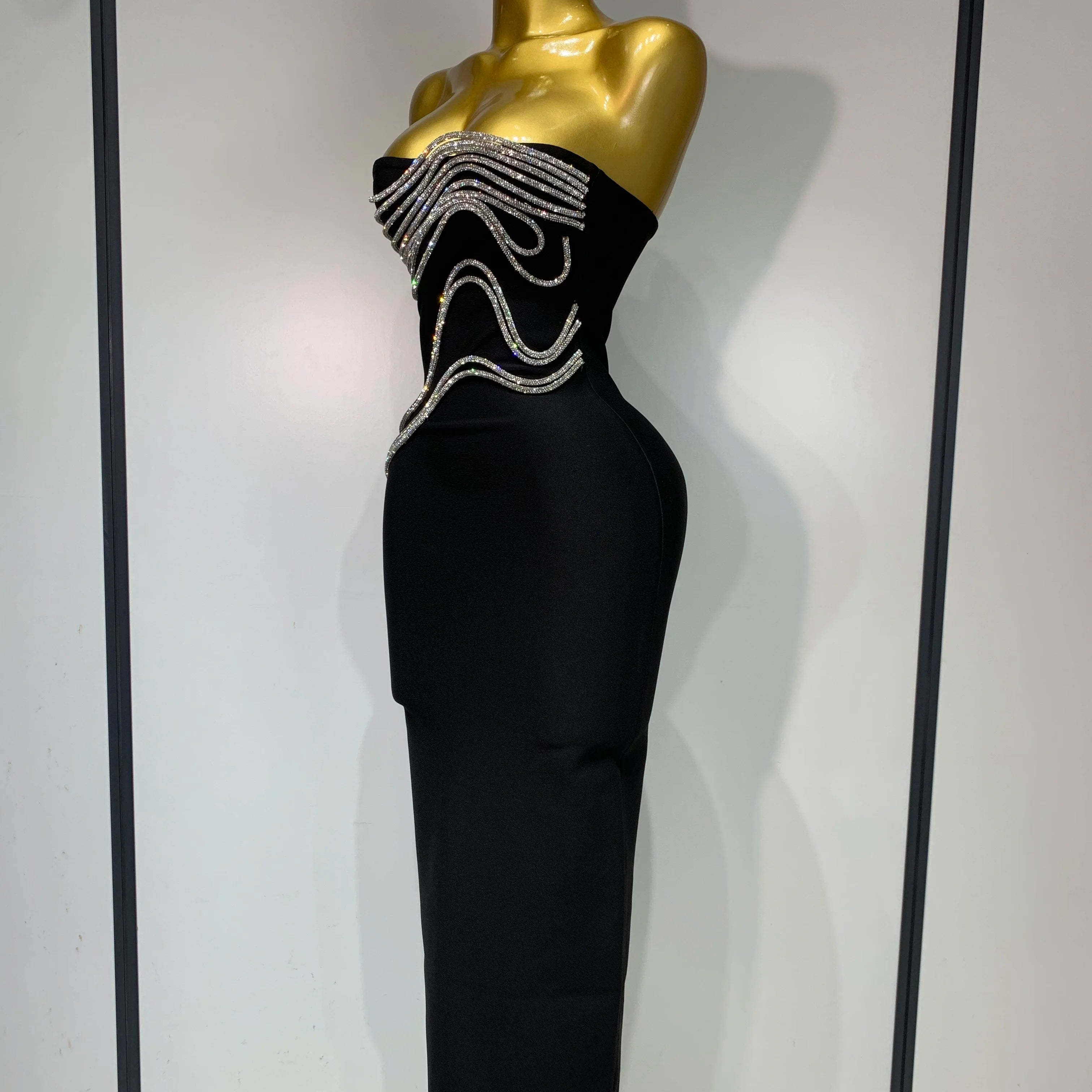 Women Sexy Strapless Diamond Lines Bodycon Bandage Long Dress Celebrity Red Carpet Dress Elegant Evening Birthday Party Dresses