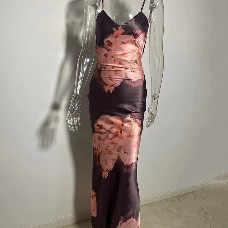Mozision Satin Floral Print Sexy Maxi Dress Women Gown Elegant Spaghetti Strap Sleeveless Backless Bodycon Evening Club Dress