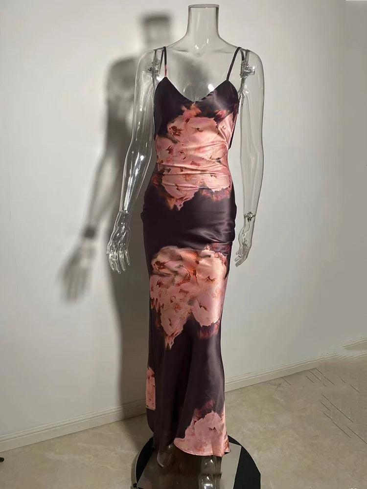 Mozision Satin Floral Print Sexy Maxi Dress Women Gown Elegant Spaghetti Strap Sleeveless Backless Bodycon Evening Club Dress