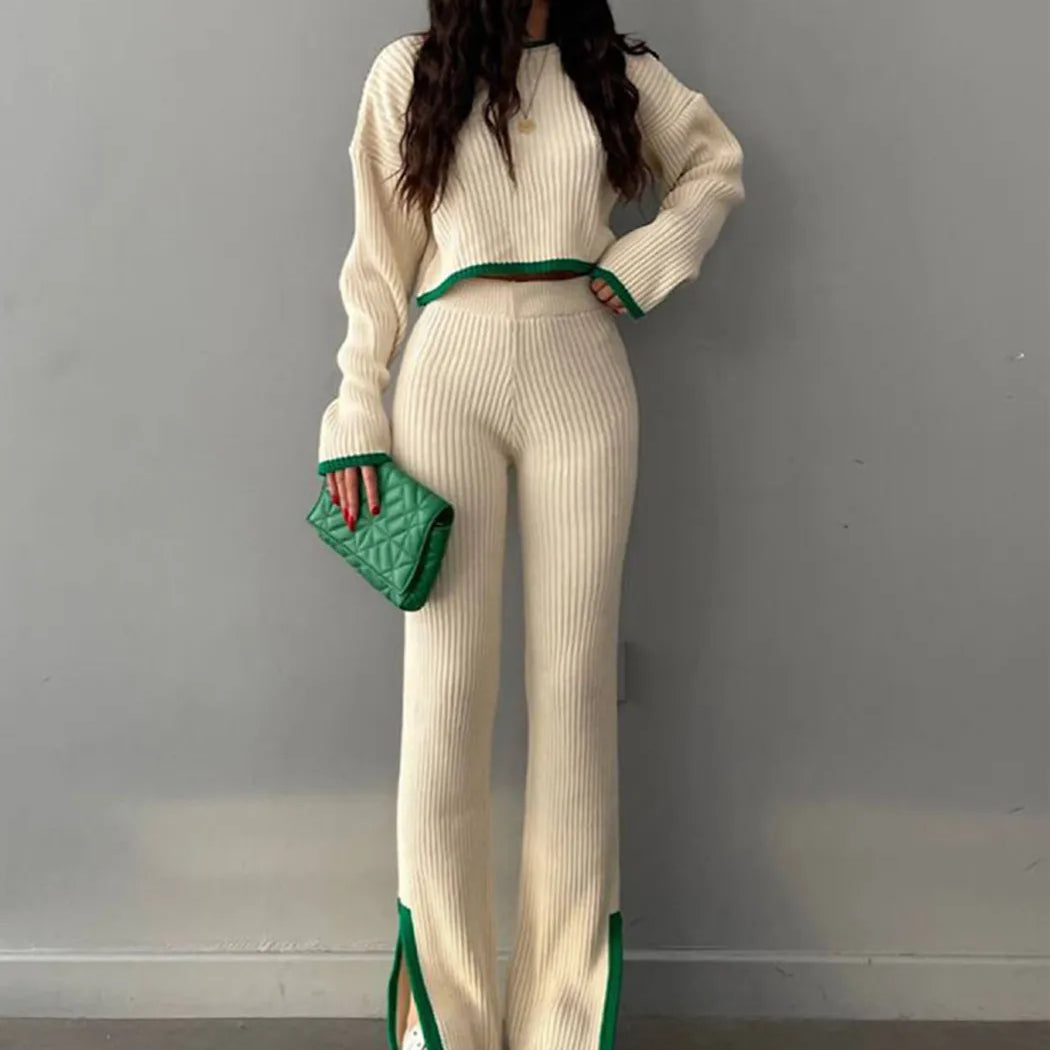 Split Women Knitted Suit O-neck Long Sleeve Cropped Sweater Elastic High Waist Winter 2 Pieces Set For Women 2024 Casual Outfits