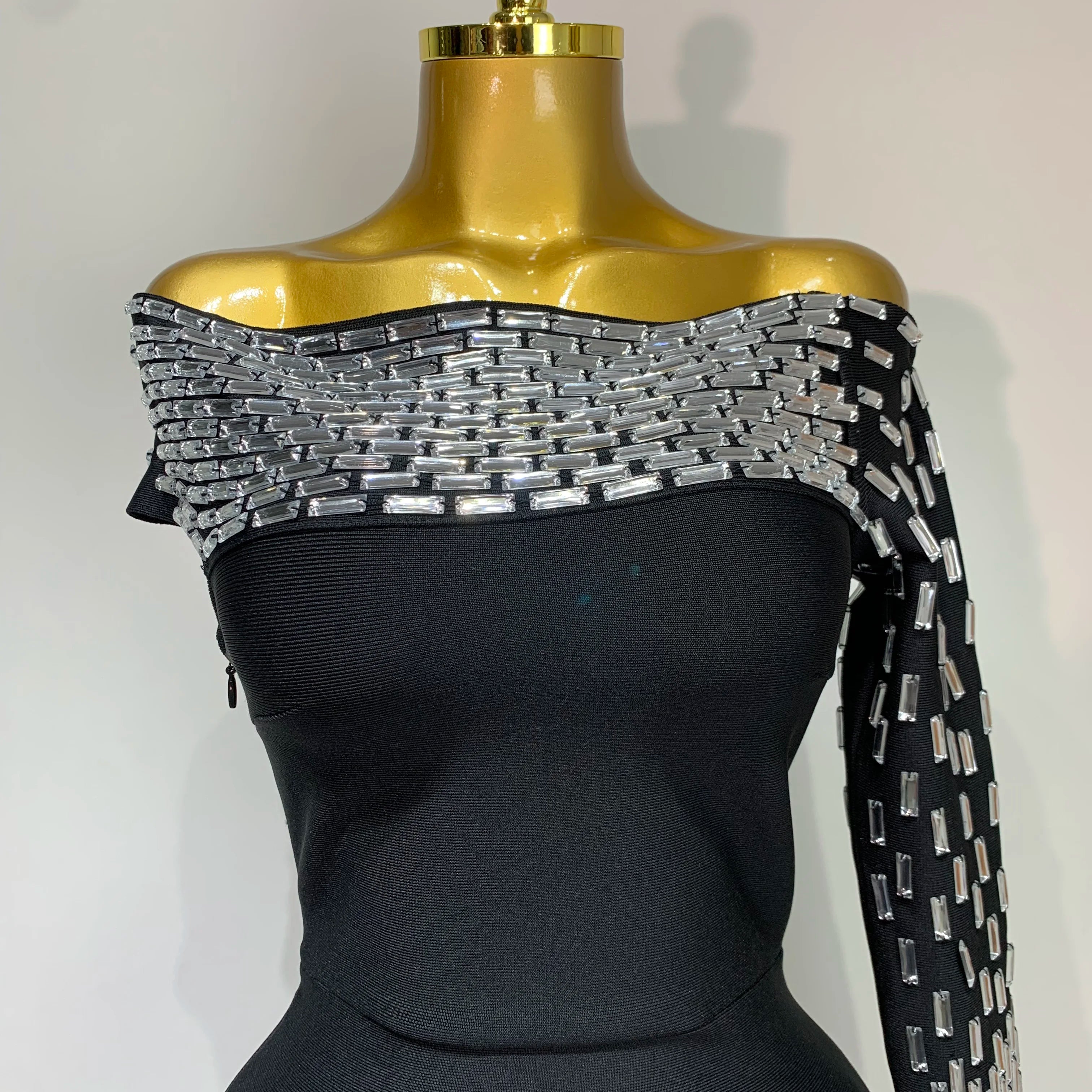 Women Celebrity Sexy Off-shoulder Diamonds Black Maxi Long Bandage Dress Evening Party Celebirty Elegant Stage Performance Dress