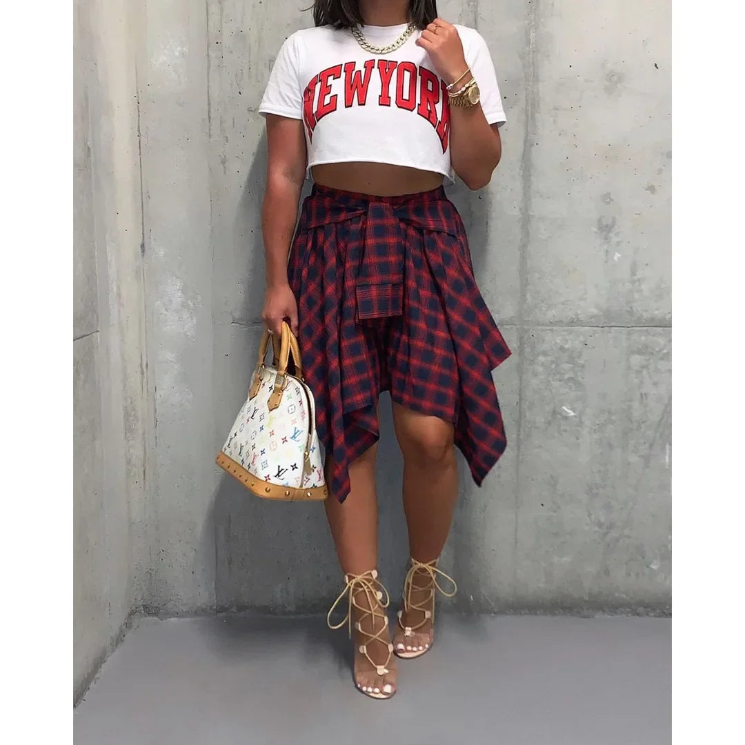 CM.YAYA Women Plaid Irregular High Waist Knee Length Skirts 2022 Summer Holiday Streetwear Sleeve Wrapped Lace Up Waist Skirt