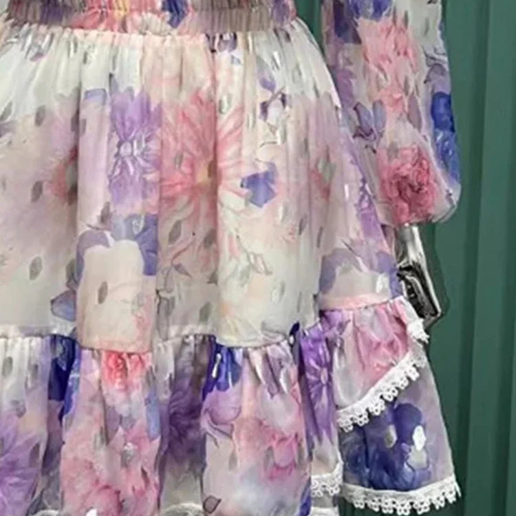 Colorful Two Pieces Set For Women Round Neck Long Sleeve Top High Waist Mini Skirts Summer Mesh Set Female 2024 Clothing New