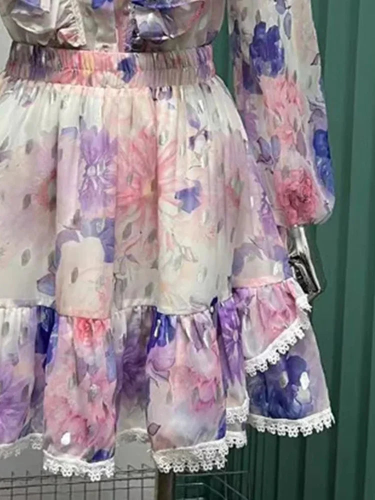 Colorful Two Pieces Set For Women Round Neck Long Sleeve Top High Waist Mini Skirts Summer Mesh Set Female 2024 Clothing New