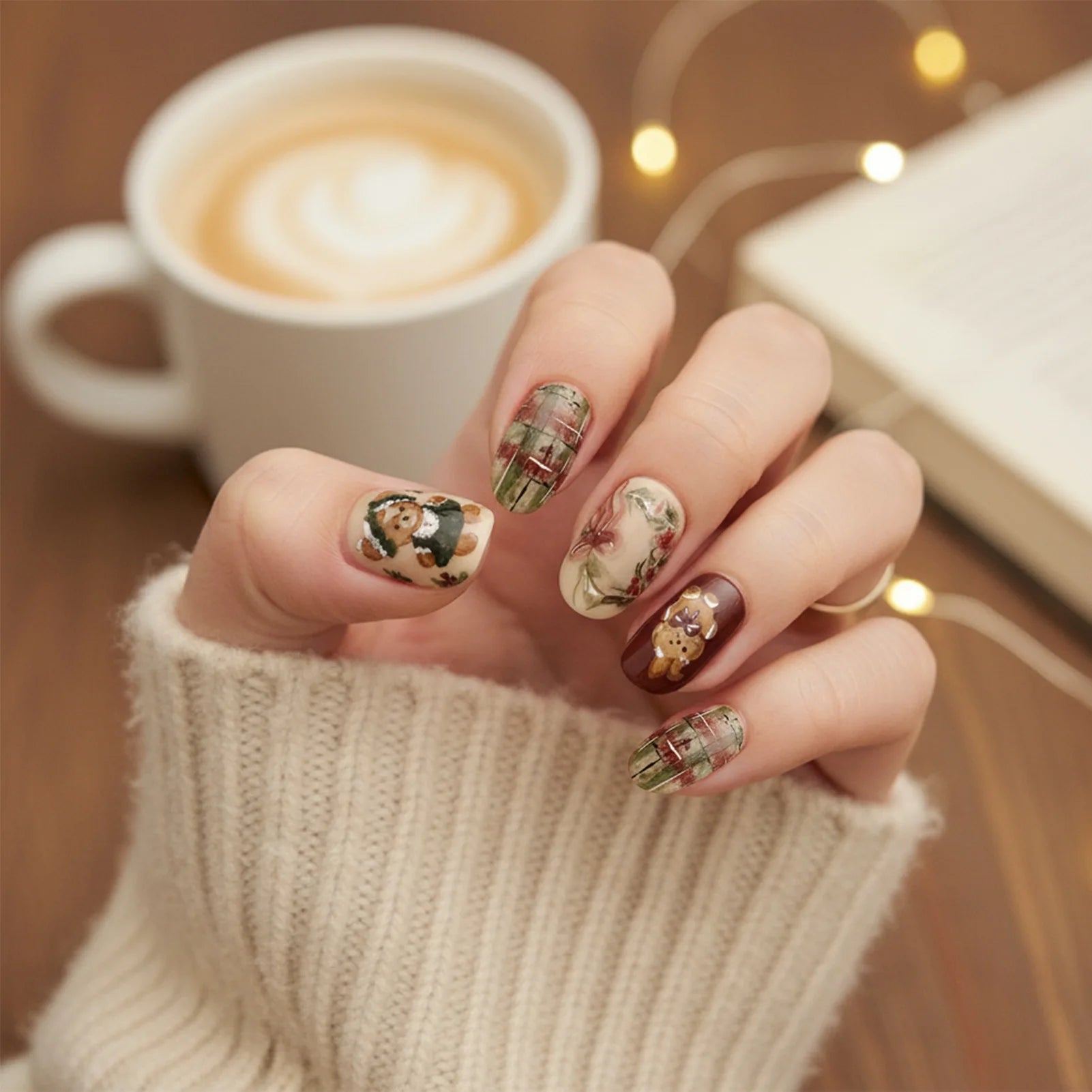 Short Oval Shaped Fake Nails Cartoon Bear/Snowman/Xmas Tree Printed Autumn Press On Nails Christmas Party False Nails 24Pcs As show