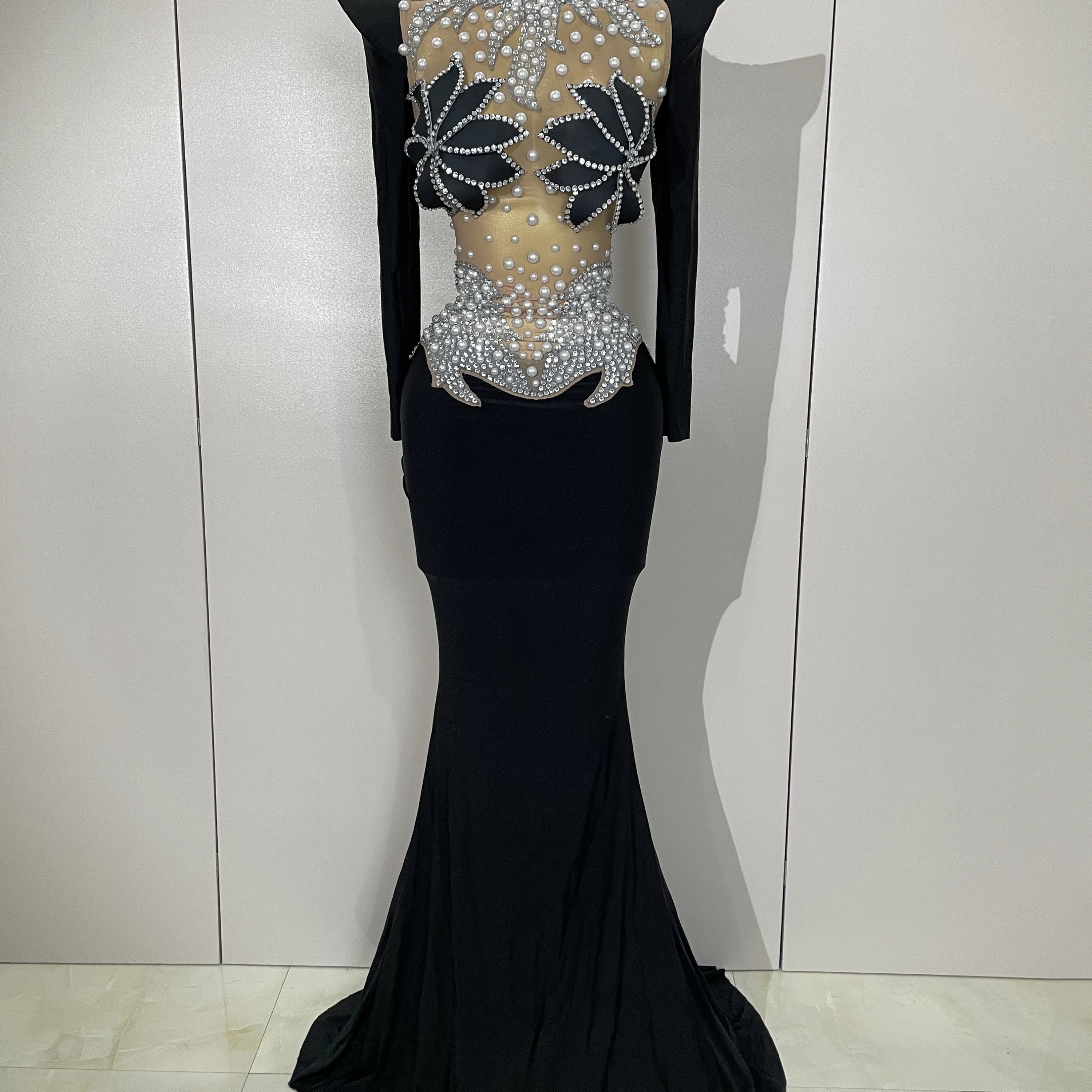 Sparkly Diamonds Pearl Black Sexy See Through Mesh Long Dress Women Wedding Evening Luxury Birthday Party Stage Photoshoot Dress black