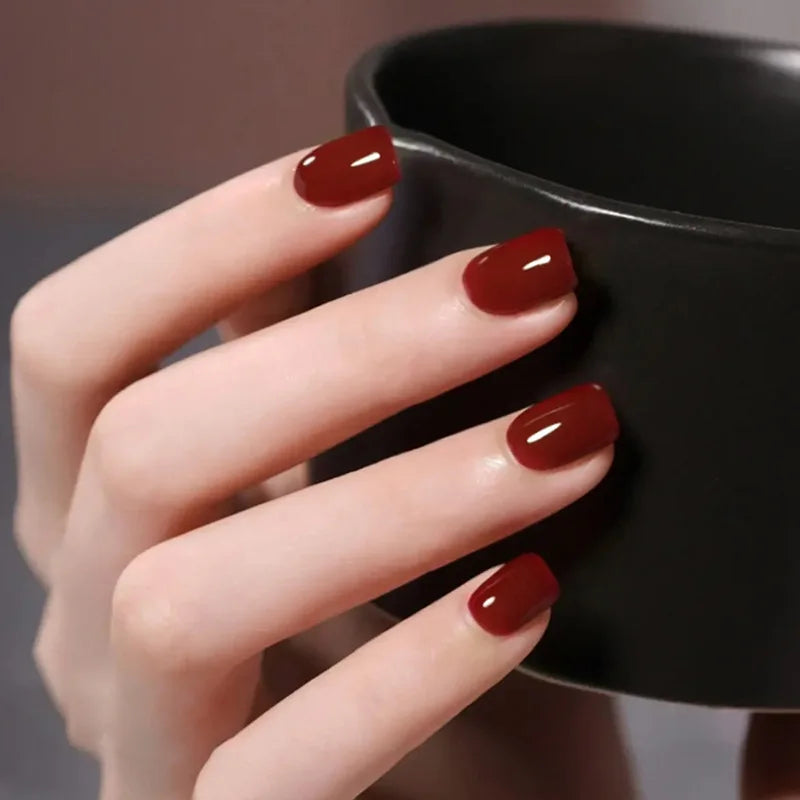 24Pcs Wine Red Simple Press on Nails Short Square Ballet Cute Wearing French Nails Fashion Glossy Solid Color Acrylic False Nail 3