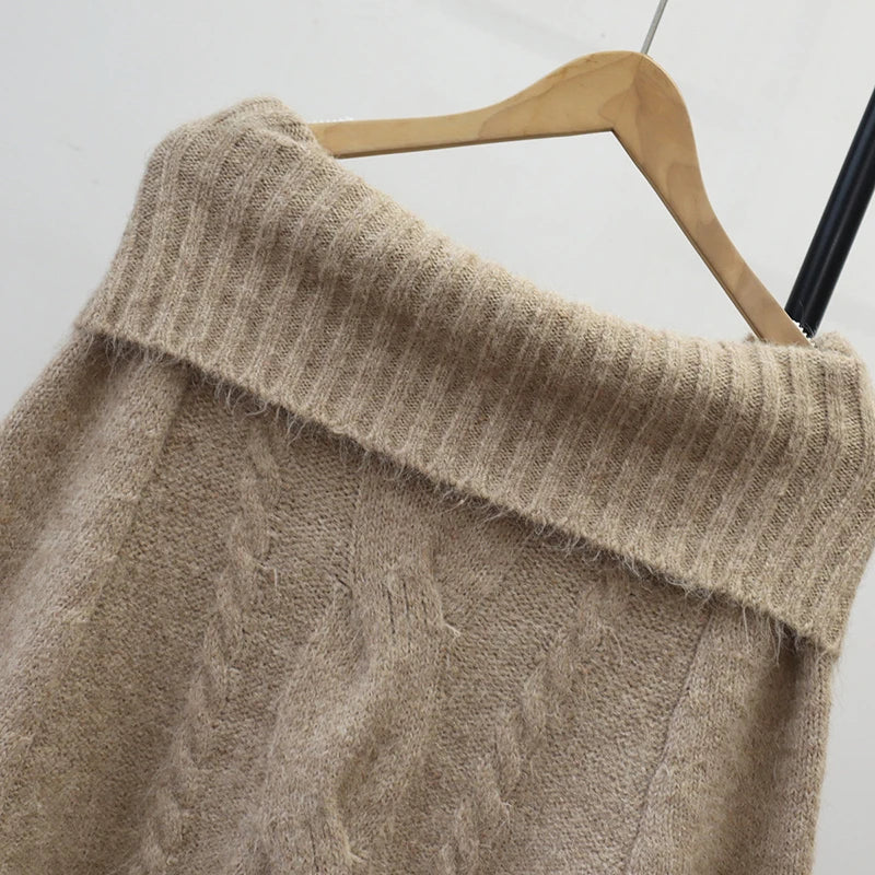 Autumn Winter New Off-Shoulder Design Thickened Cable Knit Cape Sweater Lazy Style Pullover For Women 11A07620