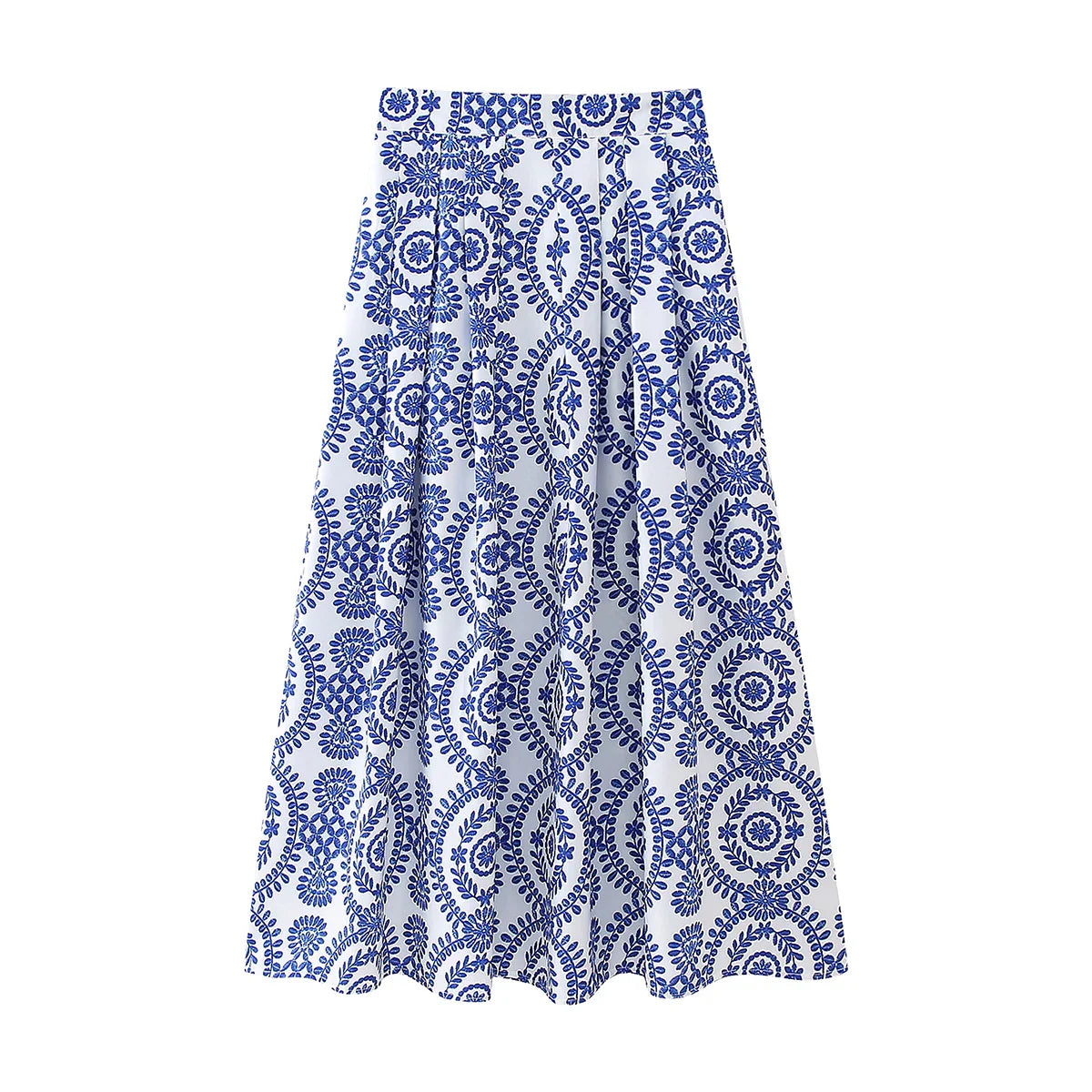 Stylish Printed Skirt Women Spring New Fashion High Waist Pleated Ankle Length Modern Lady Long Bottom Wear Blue