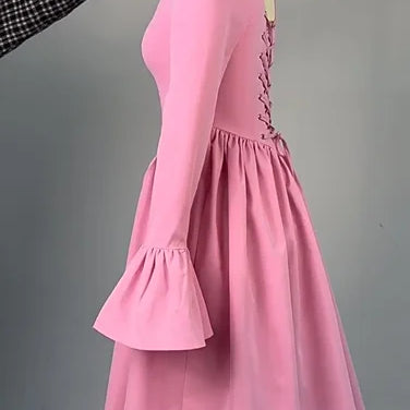 2025 Women O-neck Long Flare Sleeve Pleated Mini Midi Dress Backless Elegant Birthday Beach Night Party Vestidos Dresses