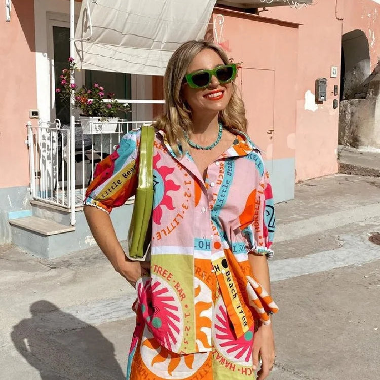 Women Holiday Hawaii Printed Two Pieces Set Short Sleeve Shirt Blouse Top Loose Shorts Summer Beach Outfits Casual Suit NEW