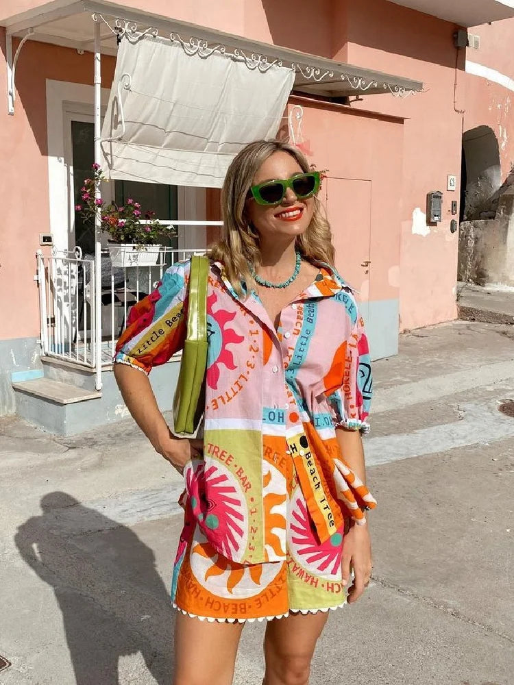 Women Holiday Hawaii Printed Two Pieces Set Short Sleeve Shirt Blouse Top Loose Shorts Summer Beach Outfits Casual Suit NEW