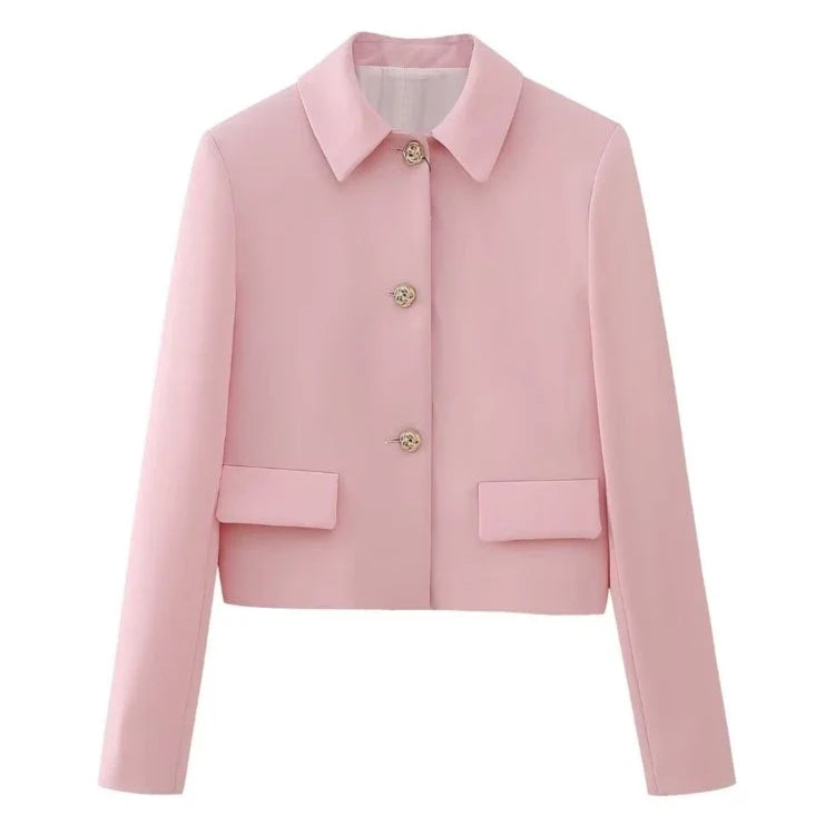 TRAF Spring Elegant Women Pink Y2K Short Blazer Metal Flower Button Long Sleeve Female Suit Jacket Turn Down Collar Tops