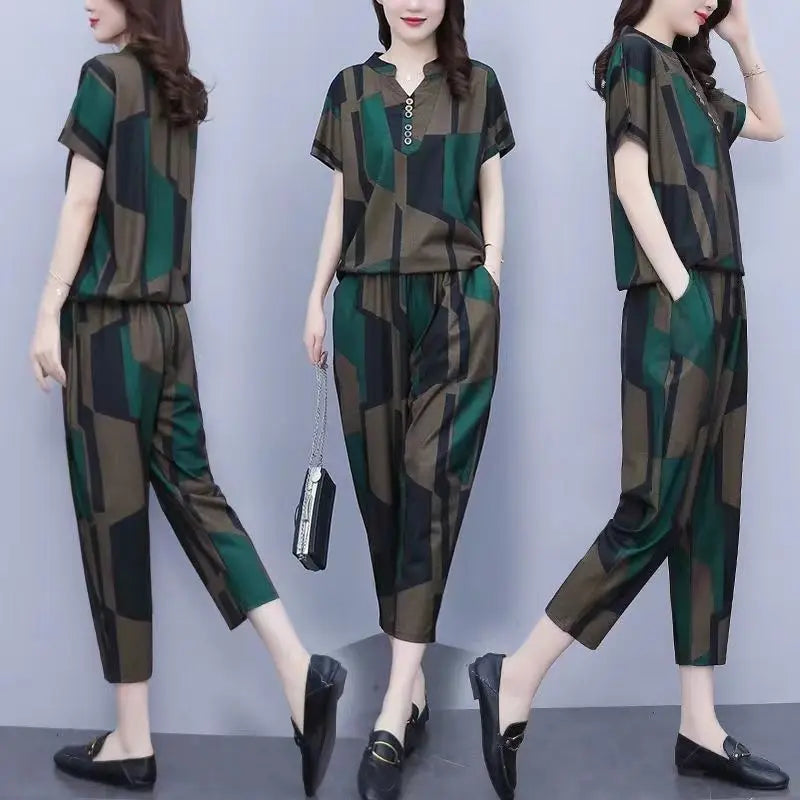 Women's Large Fashion Suit Spring Summer New Korean Casual Loose Plus Size Clothing Short Sleeve Tops Harun Pants Two Piece Sets Style A Green